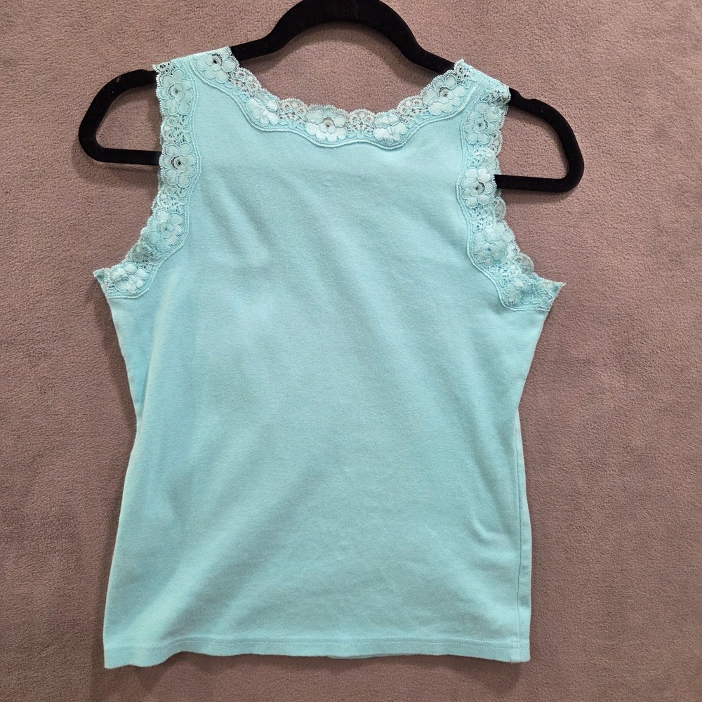 Karen Scott Lace‎ Trim Cami Tank Top Womens Size SP Preppy Y2K - Picture 2 of 6